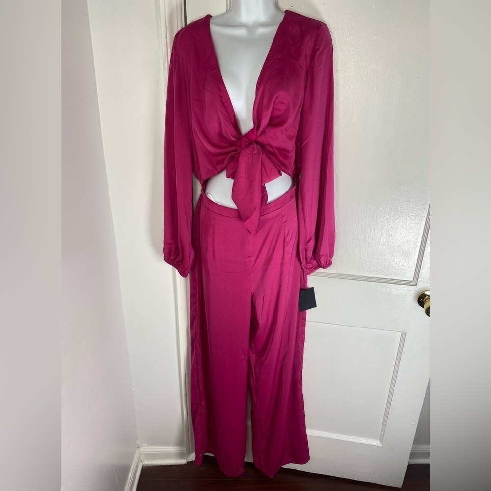 Lulu's NWT Trendsetting Direction Magenta Satin Tie Front Wide Leg Jumpsuit
